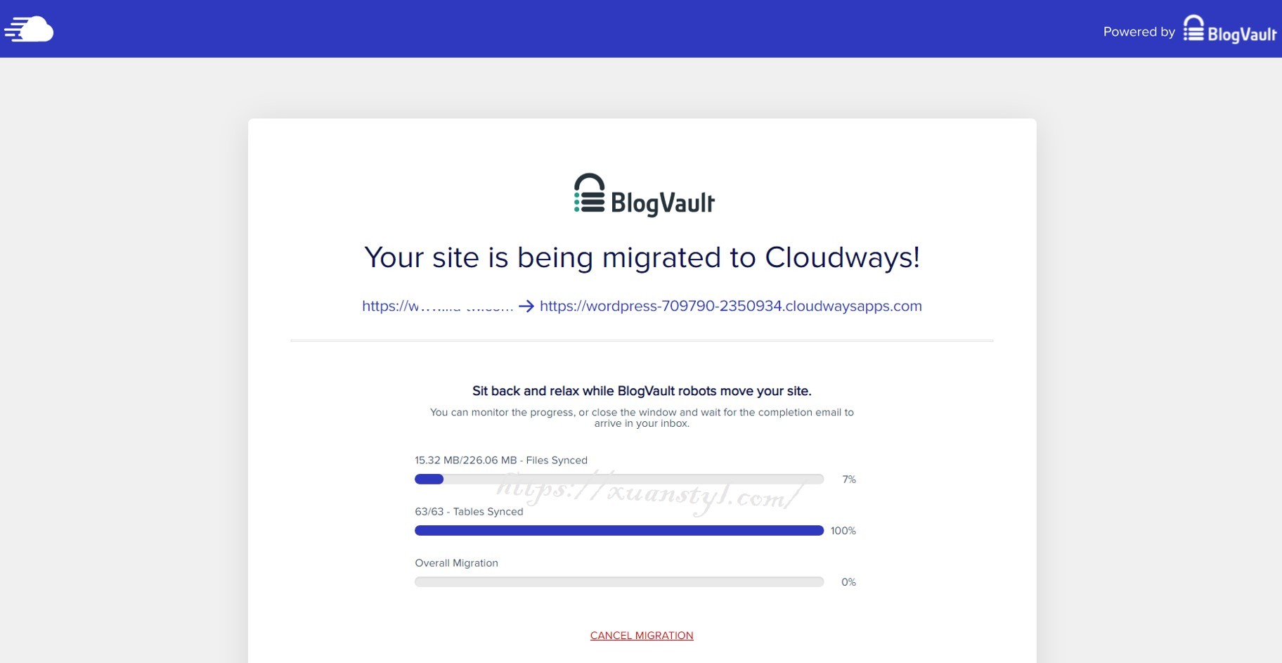 Cloudways WordPress Migrator：看到這畫面表示正在轉移中！