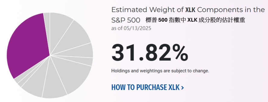 標普 500 指數中 XLK 成分股的估計權重(圖片來源: 官方網站)