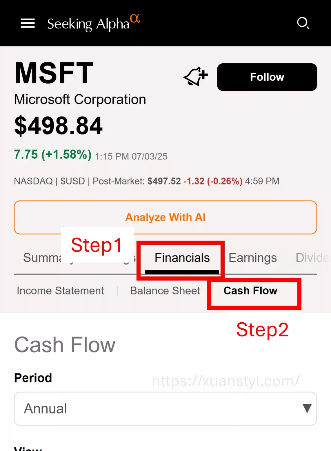 seeking alpha看FCF：輸入股票代碼→Financials→Cash Flow