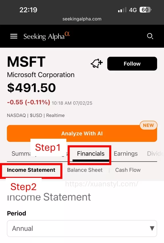 seeking alpha看ebitda：輸入股票代碼→Financials→Income Statement