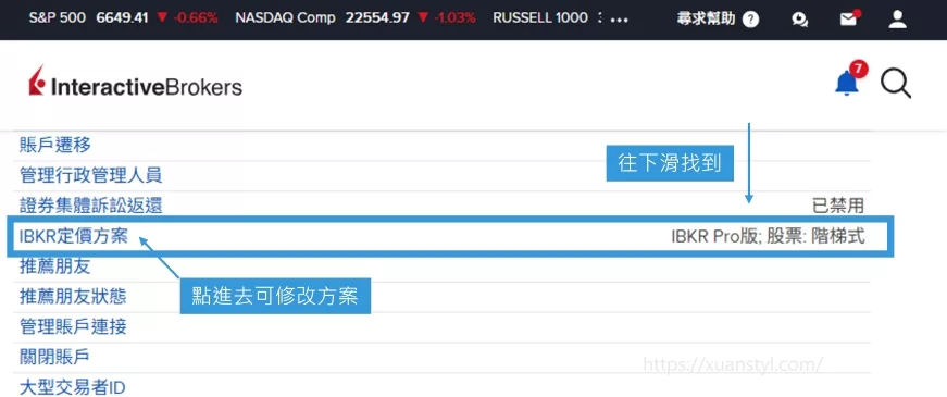找到「IBKR定價方案」,欄位會顯示IBKR Pro版:股票: XX式 找到「IBKR定價方案」,欄位會顯示IBKR Pro版:股票: XX式