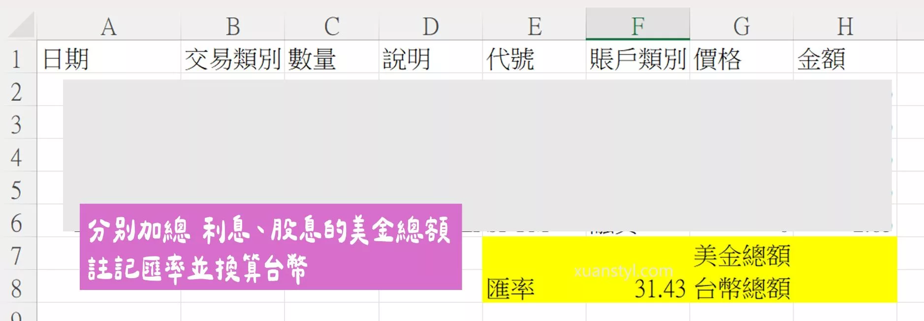 美股海外所得申報:Firstrade、IB盈透證券、嘉信綜所稅報稅步驟 將金額依「股息」、「利息」兩種不同類別加總,註記匯率並且換算成台幣