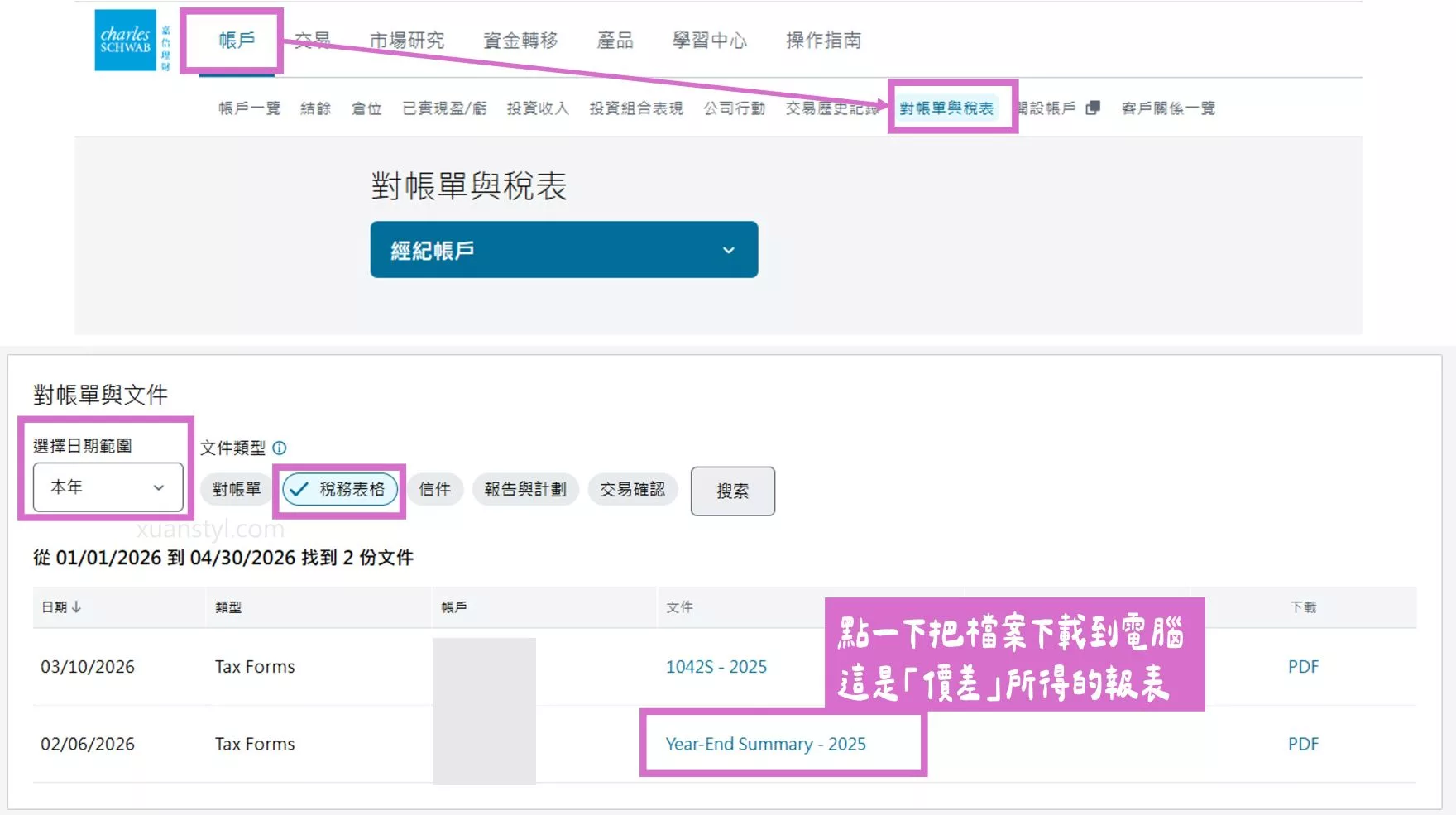 美股海外所得申報:Firstrade、IB盈透證券、嘉信綜所稅報稅步驟 下載嘉信理財資本利得(價差收入)報表步驟