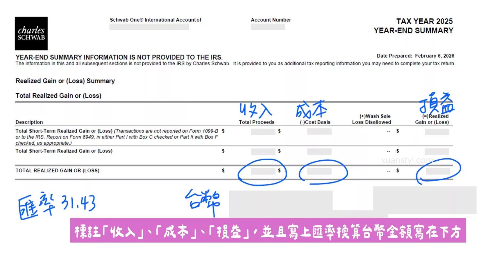 美股海外所得申報:Firstrade、IB盈透證券、嘉信綜所稅報稅步驟 將嘉信的已實現損益寫上匯率並且換算成台幣