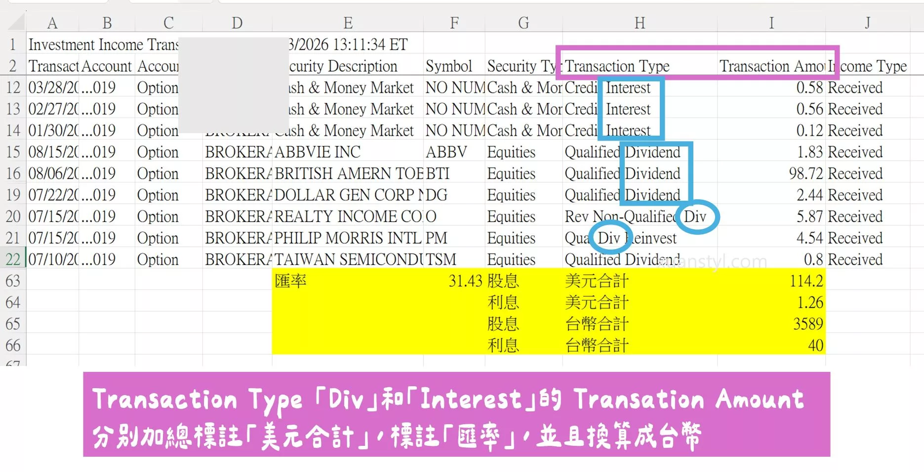美股海外所得申報:Firstrade、IB盈透證券、嘉信綜所稅報稅步驟 Transaction Type 「Div」和「Interest」的 Transation Amount
分別加總標註「美元合計」,標註「匯率」,並且換算成台幣