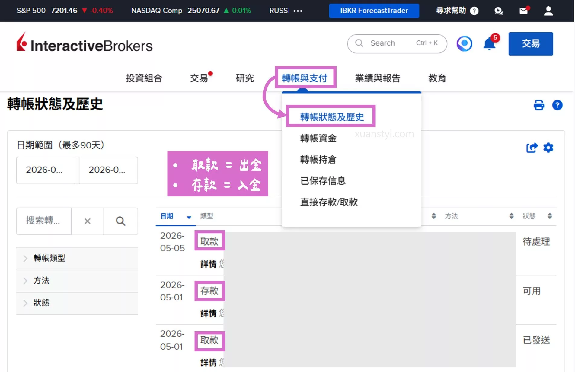 2026 IB出金教學:盈透證券電匯回台圖解、出金時間、手續費 從主選單的「轉帳與支付」選擇「轉帳狀態及歷史」,可取消處理中的出金