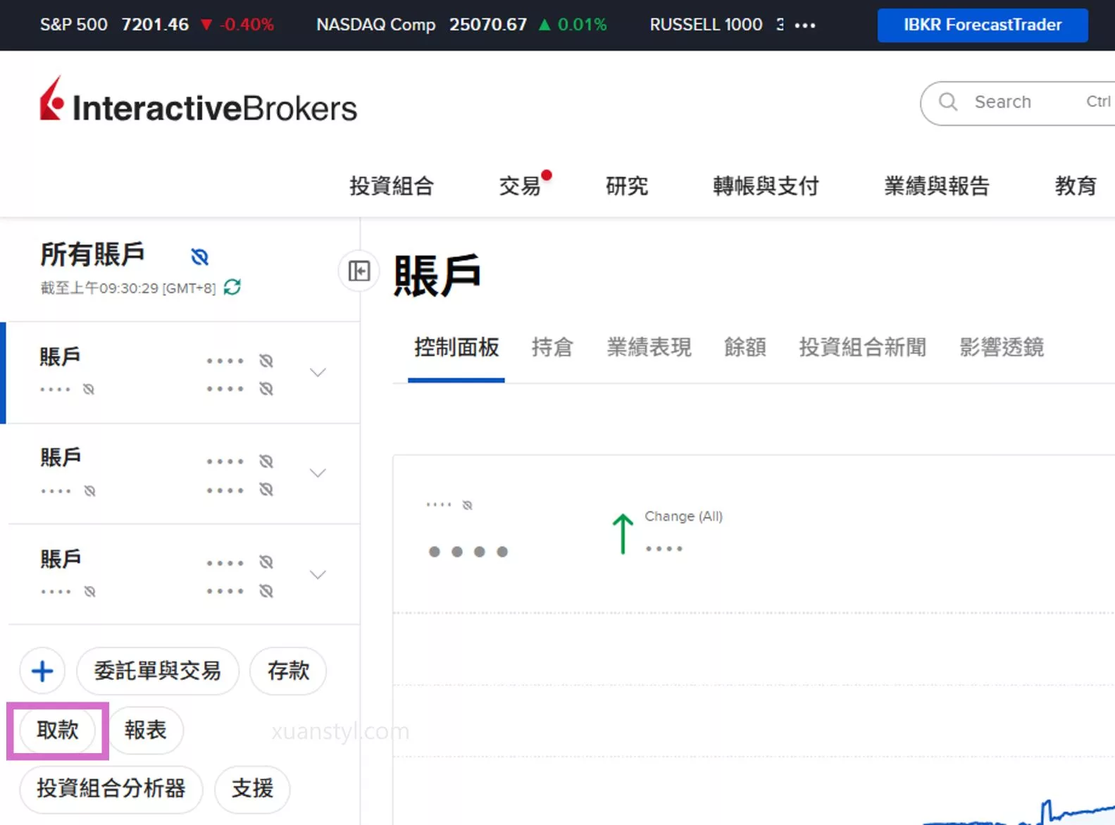2026 IB出金教學:盈透證券電匯回台圖解、出金時間、手續費 登入 IB 盈透證券網頁版後台,畫面左下方選擇「取款」。