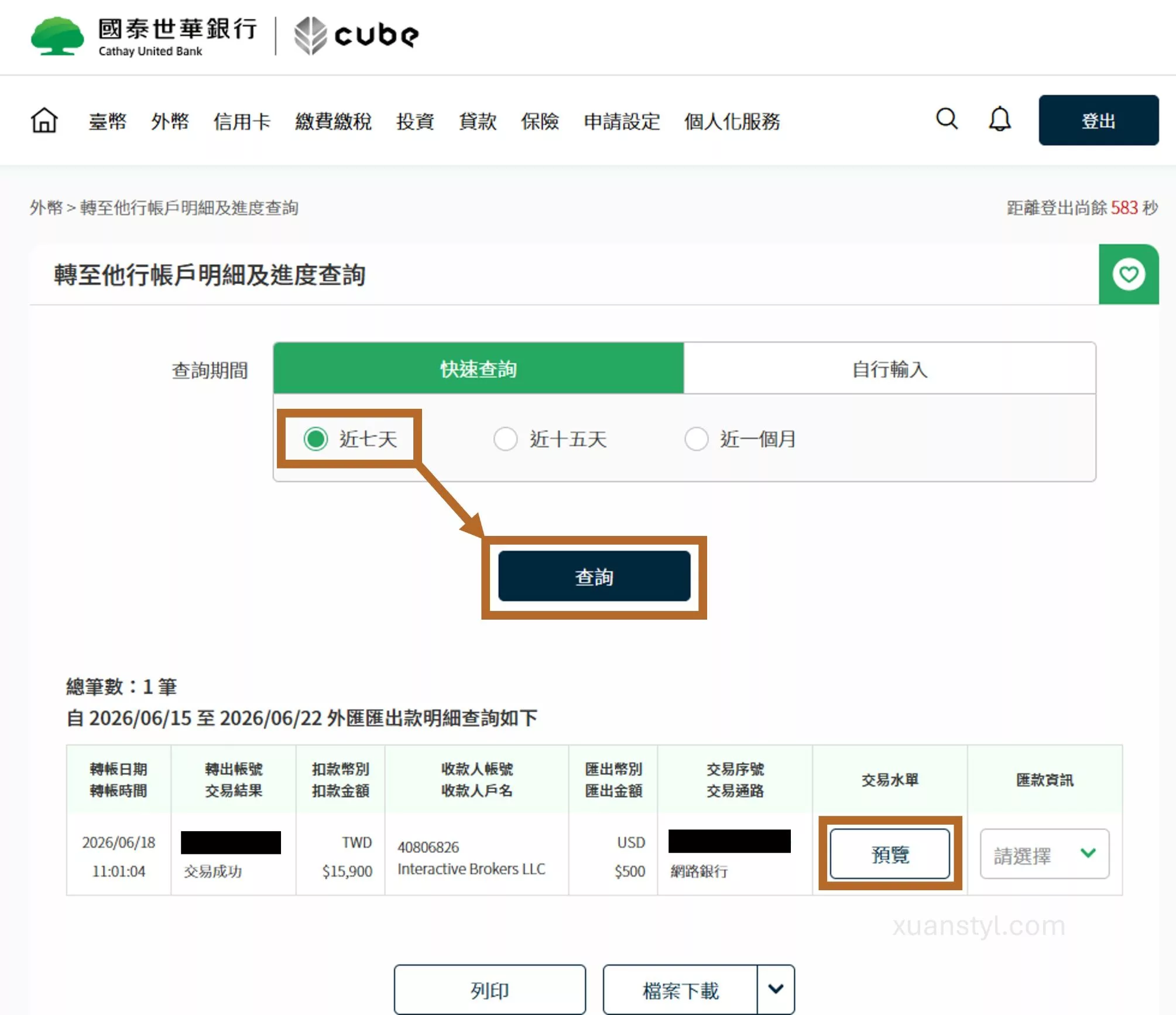 國泰世華CUBE App 小額跨境匯款入金 IB盈透證券實測手續費0元 找到稍早入金 IB 的紀錄,在交易水單的欄位按「預覽」的按鈕
