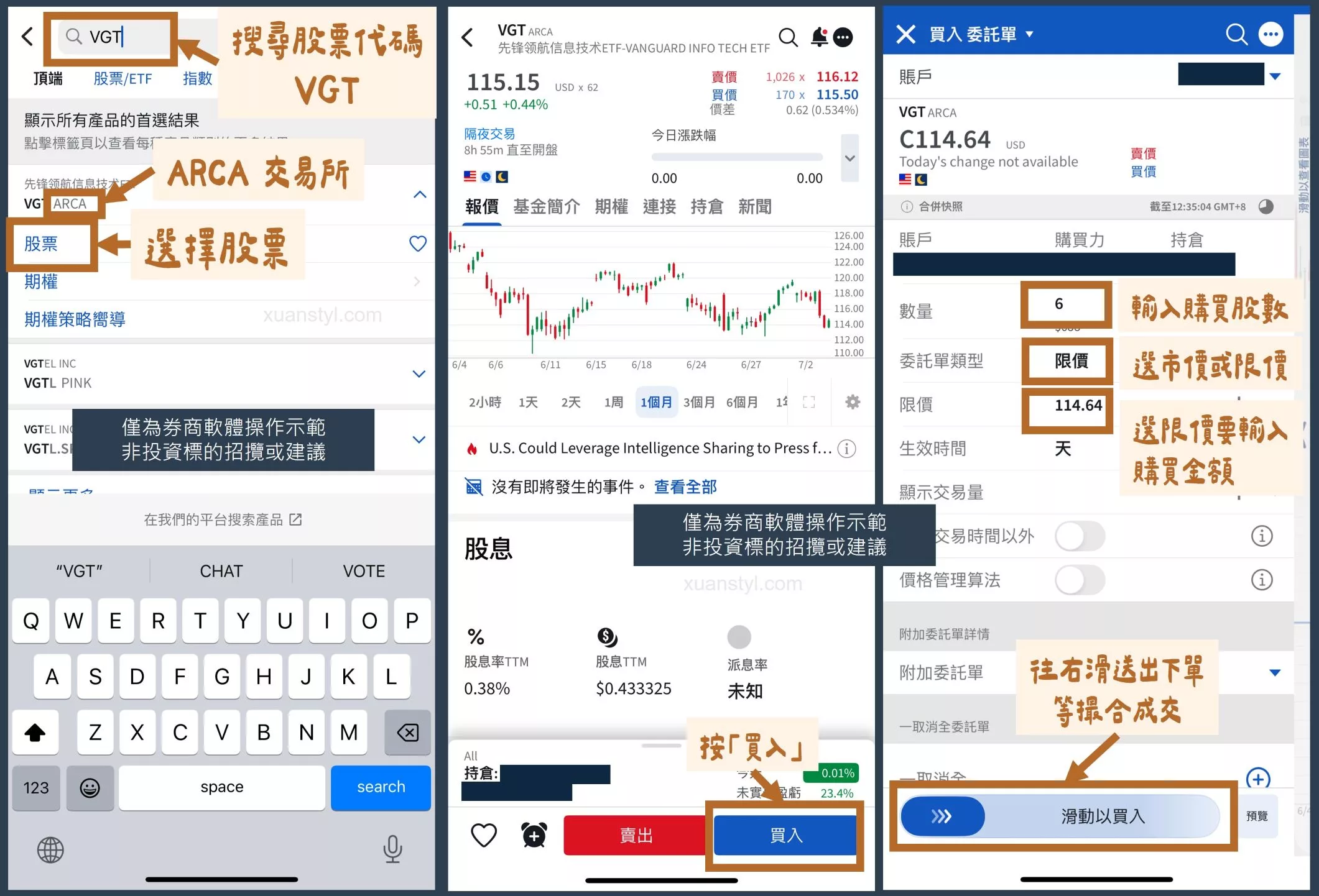 VGT是什麼?科技股 ETF、VOO、QQQ 這 3 檔怎麼選? 作者實際使用 IBKR APP 查詢 VGT,下單畫面僅作操作示範