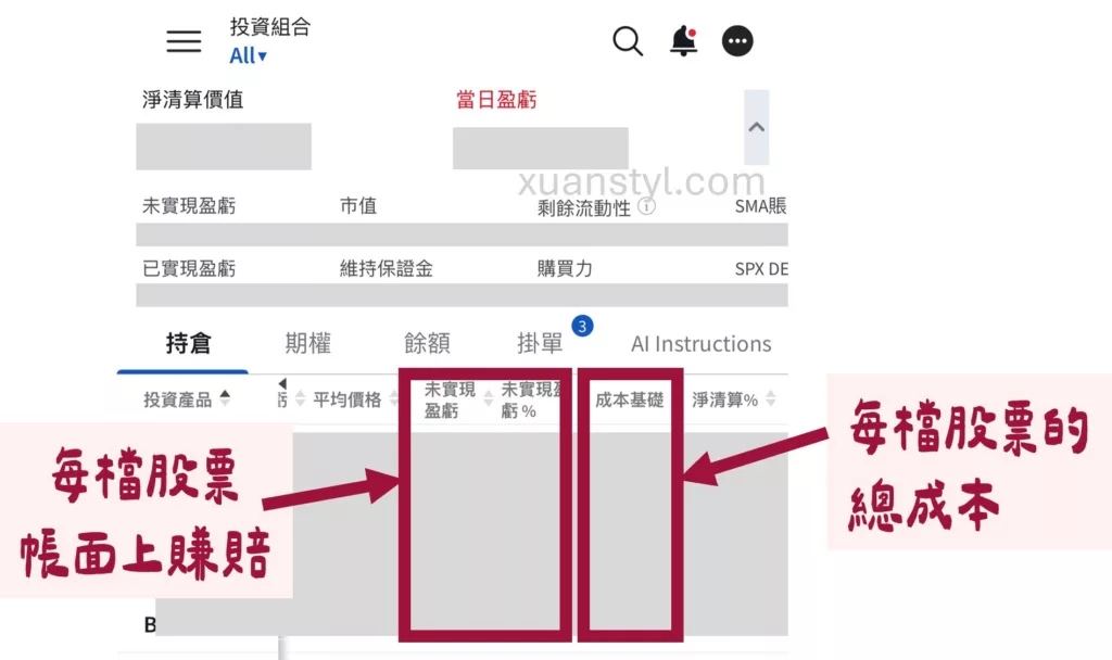 IBKR App 教學:如何查看持倉、損益與自訂欄位?|2026 介面 自訂欄位有加上「未實現盈虧」、「成本基礎」,可看到每一檔持股的成本和損益