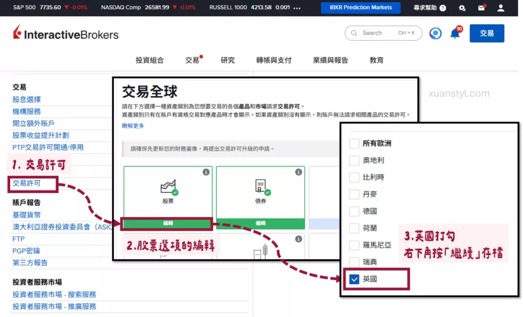 IB下單教學:2026 盈透證券買美股、ETF 步驟 (網頁及手機 App) 登入《IB 盈透證券官網》,到設置交易許可開啟「英國」的交易許可